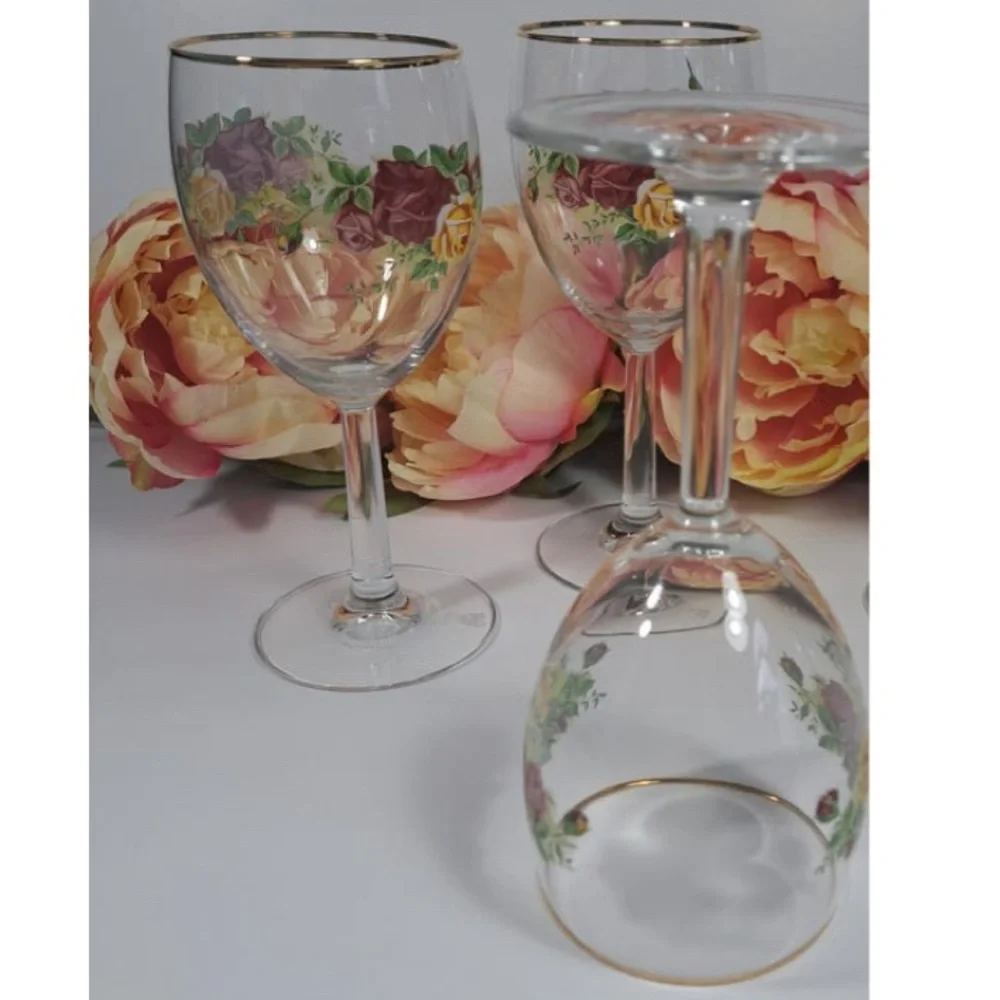 Vintage Royal Albert Old Country Roses Wine Glass Set Barware Burgundy Gold Rim